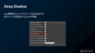 Deep Shadow
Hair専用のシャドウマップを生成する
各ライトの設定からon/off可能
 