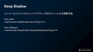 Deep Shadow
コンソールコマンドからシャドウマップのPCFフィルタを調整可能
Hair→Hair
r.HairStrands.DeepShadow.KernelType 0~4
Hair→Opaque
r.HairStrands.DeepShadow.ShadowMaskKernelType 0~4
 