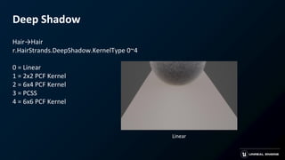 Deep Shadow
Hair→Hair
r.HairStrands.DeepShadow.KernelType 0~4
0 = Linear
1 = 2x2 PCF Kernel
2 = 6x4 PCF Kernel
3 = PCSS
4 = 6x6 PCF Kernel
Linear
 