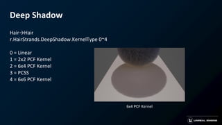 Deep Shadow
Hair→Hair
r.HairStrands.DeepShadow.KernelType 0~4
0 = Linear
1 = 2x2 PCF Kernel
2 = 6x4 PCF Kernel
3 = PCSS
4 = 6x6 PCF Kernel
6x4 PCF Kernel
 