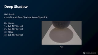 Deep Shadow
Hair→Hair
r.HairStrands.DeepShadow.KernelType 0~4
0 = Linear
1 = 2x2 PCF Kernel
2 = 6x4 PCF Kernel
3 = PCSS
4 = 6x6 PCF Kernel
PCSS
 