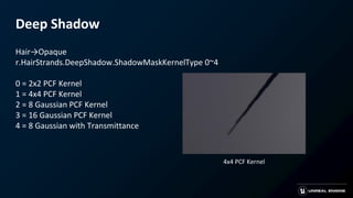 Deep Shadow
Hair→Opaque
r.HairStrands.DeepShadow.ShadowMaskKernelType 0~4
0 = 2x2 PCF Kernel
1 = 4x4 PCF Kernel
2 = 8 Gaussian PCF Kernel
3 = 16 Gaussian PCF Kernel
4 = 8 Gaussian with Transmittance
4x4 PCF Kernel
 