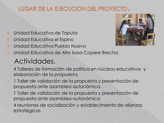    Unidad Educativa de Taputa
   Unidad Educativa el Espino
   Unidad Educativa Pueblo Nuevo
   Unidad Educativa de Alto Isoso Copere Brecha.

    Actividades.
   4 Talleres de formación de política en núcleos educativos y
    elaboración de la propuesta.
   1 Taller de validación de la propuesta y presentación de
    propuesta ante asamblea autonómica.
   1 Taller de validación de la propuesta y presentación de
    propuesta ante asamblea autonómica
   4 reuniones de socialización y establecimiento de alianzas
    estratégicas
 