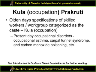 Kula (occupation) Prakruti
• Olden days specifications of skilled
workers / workgroup categorized as the
caste – Kula (occupation)
– Present day occupational disorders -
occupational asthma, carpal tunnel syndrome,
and carbon monoxide poisoning, etc.
Dr. K. Shiva Rama Prasad, at http://www.technoayurveda.com/
Rationality of Charaka ‘Indriya-sthana’ at present scenario
See Introduction to Evidence Based Panchakarma for further reading
 