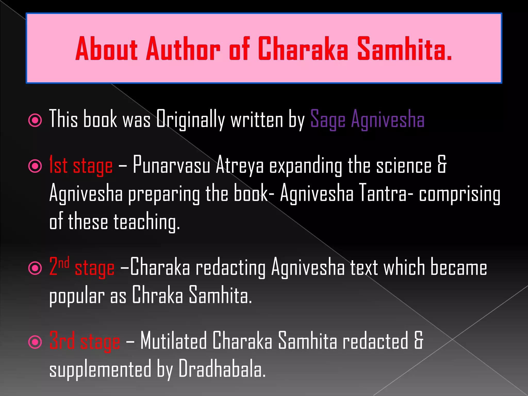  This book was Originally written by Sage Agnivesha
 1st stage – Punarvasu Atreya expanding the science &
Agnivesha preparing the book- Agnivesha Tantra- comprising
of these teaching.
 2nd stage –Charaka redacting Agnivesha text which became
popular as Chraka Samhita.
 3rd stage – Mutilated Charaka Samhita redacted &
supplemented by Dradhabala.
 