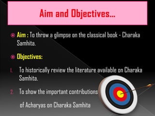  Aim : To throw a glimpse on the classical book - Charaka
Samhita.
 Objectives:
1. To historically review the literature available on Charaka
Samhita.
2. To show the important contributions
of Acharyas on Charaka Samhita
 
