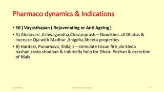 Pharmaco dynamics & Indications
• 50 ) Vayasthapan ( Rejuvenating or Anti Ageing )
• A) Ahatavari ,Ashwagandha,Chavanprash – Nourishes all Dhatus &
increase Oja with Madhur ,Snigdha,Sheeta properties
• B) Haritaki, Punarnava, Shilajit – stimulate tissue fire ,do kleda
nashan,sroto shodhan & indirectly help for Dhatu Poshan & excretion
of Mala
10/26/2016 Prof.Dr.R.R.Deshpande 113
 
