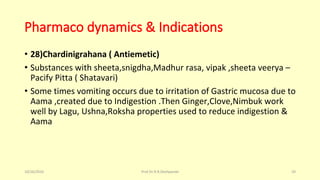 Pharmaco dynamics & Indications
• 28)Chardinigrahana ( Antiemetic)
• Substances with sheeta,snigdha,Madhur rasa, vipak ,sheeta veerya –
Pacify Pitta ( Shatavari)
• Some times vomiting occurs due to irritation of Gastric mucosa due to
Aama ,created due to Indigestion .Then Ginger,Clove,Nimbuk work
well by Lagu, Ushna,Roksha properties used to reduce indigestion &
Aama
10/26/2016 Prof.Dr.R.R.Deshpande 20
 