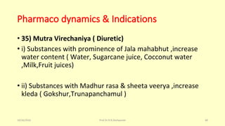 Pharmaco dynamics & Indications
• 35) Mutra Virechaniya ( Diuretic)
• i) Substances with prominence of Jala mahabhut ,increase
water content ( Water, Sugarcane juice, Cocconut water
,Milk,Fruit juices)
• ii) Substances with Madhur rasa & sheeta veerya ,increase
kleda ( Gokshur,Trunapanchamul )
10/26/2016 Prof.Dr.R.R.Deshpande 48
 