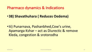 Pharmaco dynamics & Indications
•38) Shavathuhara ( Reduces Oedema)
•Iii) Punarnava, Pashanbhed,Cow’s urine,
Apamarga Kshar – act as Diurectic & remove
Kleda, congestion & srotorodha
10/26/2016 Prof.Dr.R.R.Deshpande 63
 