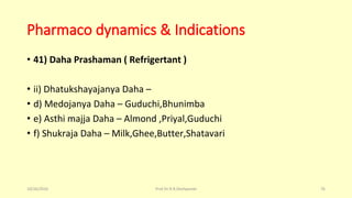 Pharmaco dynamics & Indications
• 41) Daha Prashaman ( Refrigertant )
• ii) Dhatukshayajanya Daha –
• d) Medojanya Daha – Guduchi,Bhunimba
• e) Asthi majja Daha – Almond ,Priyal,Guduchi
• f) Shukraja Daha – Milk,Ghee,Butter,Shatavari
10/26/2016 Prof.Dr.R.R.Deshpande 76
 
