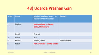 43) Udarda Prashan Gan
Sr.No Name Market Available asas in
Maharashtra in Marathi
Remark
1 Tinduk Not Available -- Tendu
patta,?Tembhurni
2 Priyal Charoli
3 Badar Bor
4 Khadir Khadir,Khaira Khadirarishta
5 Kadar Not Available -White Khadir
10/26/2016 Prof.Dr.R.R.Deshpande 82
 