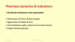 Pharmaco dynamics & Indications
• 45) Shoola Prashaman ( Anti spasmodic)
• Obstruction of Prana ,Saman & Apan
• Aggravation of Kapha & Ama
• Ushna,Rooksha,Laghu substances do Vatanuloman
• Ginger,Chitrak,Ajamoda
10/26/2016 Prof.Dr.R.R.Deshpande 92
 