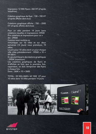 10
Impression 12 000 Flyers: 260 HT (d’après
VistaPrint)
Création graphique de flyer : 130 – 190 HT
(d’après affiche abris bus)
Créations graphique affiche : 700 – 2500
HT (d’après affiche abris bus)
Pour un vélo pendant 14 jours (sans
créations visuelles ni impressions): 5950€
Prix créations et impressions pour un v
élo : 2950€
Comme nous voulons co
mmuniquer sur 10 villes et sur deux
semaines (14 jours) nous prendrons 10
vélos.
Le prix pour 10 vélos dont un pour chaque
ville citée précédemment : 5950€ x 10 =
59 500 €
Enajoutantlesprixdecréationsgraphiques
: 2950€ (maximum)
Les créations graphiques de flyers et
d’affiches se font que la première fois,
cependant, on doit réimprimer des flyers
à chaque fois.
Donc : 260€ x 10 = 2600.
TOTAL : 59 500+2600= 62 100€ HT pour
10 vélos dans 10 villes pendant 14 jours.
 