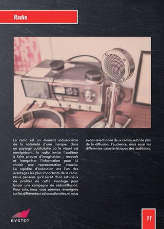 11
Radio
La radio est un élément indissociable
de la notoriété d’une marque. Dans
un paysage publicitaire où le visuel est
omniprésent, la radio invite l’auditeur
à faire preuve d’imagination : recevoir
et interpréter l’information pour lui
choisir une représentation visuelle.
La rapidité d’exécution est l’un des
avantages les plus importants de la radio.
Nous pensons qu’il serait donc astucieux
de profiter de cette avantage pour
lancer une campagne de radiodiffusion.
Pour cela, nous nous sommes renseignés
surlesdifférentesradiosnationales,etnous
avons sélectionné deux radios selon le prix
de la diffusion, l’audience, mais aussi les
différentes caractéristiques des auditeurs.
 
