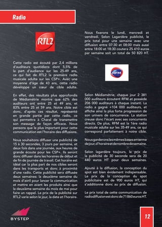 12
Radio
Cette radio est écouté par 2,4 millions
d’auditeurs quotidiens dont 5,5% de
la part d’audience sur les 25-49 ans,
ce qui fait de RTL2 la première radio
musicale adulte sur les CSP+. Avec une
moyenne d’âge de 43 ans, cette radio
développe un cœur de cible adulte.
En effet, des résultats plus approfondis
de Médiamétrie montre que 62% des
auditeurs ont entre 25 et 49 ans, et
83% entre 25 et 59 ans. Notre cible est
donc, d’après ces résultat, représenté
en grande partie par cette radio, ce
qui permettra à Charal de transmettre
son message de façon efficace. Nous
pensons que le plus important pour cette
communication est l’horaire des diffusions.
Nous souhaitons diffuser une publicité de
15 à 30 secondes, 3 jours par semaine, et
deux fois dans une journée, aux heures de
grande écoute pour les CSP+. Ils seront
donc diffuser dans les horaires de début et
de fin de journée de travail. Cet horaire est
idéal car la plus part de nos cibles seront
dans les transports et donc à proximité
d’une radio. Cette publicité sera diffusée
deux semaines: la deuxième semaine du
mois d’avril pour lancer la communication
et mettre en avant les produits ainsi que
la deuxième semaine du mois de mai pour
faire un rappel. Le prix de la publicité sur
RTL2 varie selon le jour, la date et l’horaire.
Nous fixerons le lundi, mercredi et
vendredi. Selon Lagardère publicité, le
prix total pour une semaine avec une
diffusion entre 07:30 et 08:00 mais aussi
entre 18:00 et 18:30 coutera 25 410 euros
par semaine soit un total de 50 820 HT.
Selon Médiamétrie, chaque jour 2 381
000 auditeurs écoutent RFM et possède
206 000 auditeurs à chaque instant. La
radio a gagné +104 000 auditeurs, et
affiche ainsi la plus forte progression de
son univers de concurrence. La station
creuse donc l’écart avec ses concurrents
directs. De plus, RFM est la 1ère radio
musicale adulte sur les 35-49 ans, ce qui
correspond parfaitement à notre cible.
Nousgarderonslesmêmesbasesenterme
dejour,d’horaireetdenombredesemaine.
Selon lagardère toujours, le prix de
la publicité de 30 seconde sera de 20
440 euros HT pour deux semaines.
Ajouté à la diffusion, la conception du
spot est bien évidement indispensable.
Le prix de la conception du spot
publicitaire est de 900 euros HT, qui
s’additionne donc au prix de diffusion.
Le prix total de cette communication de
radiodiffusionestdoncde71860eurosHT.
 