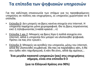 Τα επίπεδα των ψηφιακών υπηρεσιών
Για την καλύτερη επικοινωνία των στόχων για τις προσφερόμενες
υπηρεσίες σε πολίτες και επιχειρήσεις, οι υπηρεσίες χωρίστηκαν σε 6
επίπεδα.
• Επίπεδο 0: Δεν μπορείς να βρεις κανένα στοιχείο στο internet. H
υπηρεσία παρέχεται μόνο χειρογραφικά. Θα τη βρεις πηγαίνοντας
εκεί ή τηλεφωνώντας («καλά κρασιά …»)
• Επίπεδα 1 και 2: Μπορείς να βρεις λίγα ή πολλά στοιχεία στο
internet, αλλά η υπηρεσία δεν μπορεί να υλοποιηθεί ψηφιακά.
Πρέπει να πας στο «γκισέ».
• Επίπεδο 3: Μπορείς να αιτηθείς την υπηρεσία, μέσω του internet,
αλλά θα υλοποιηθεί συμβατικά. Θα πας να παραλάβεις κάτι, ή θα
σου έρθει κάτι ταχυδρομικά, ή κάτι θα γίνει, αλλά όχι αμέσως...
Ένα μεγάλο ποσοστό υπηρεσιών (και) στις επιχειρήσεις
σήμερα, είναι στα επίπεδα 0-3
(για το Ελληνικό Κράτος στο 90%)
 