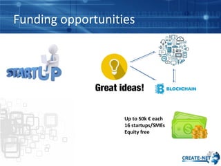 Funding opportunities
Great ideas!
Up to 50k € each
16 startups/SMEs
Equity free
 