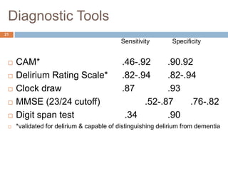 Diagnostic Tools
Sensitivity Specificity
 CAM* .46-.92 .90.92
 Delirium Rating Scale* .82-.94 .82-.94
 Clock draw .87 .93
 MMSE (23/24 cutoff) .52-.87 .76-.82
 Digit span test .34 .90
 *validated for delirium & capable of distinguishing delirium from dementia
21
 