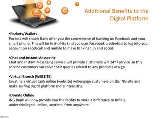 Additional Benefits to the 
Digital Platform 
•Pockets/Wallets 
Pockets will enable Bank offer you the convenience of banking on Facebook and your 
smart phone. This will be first-of-its kind app uses Facebook credentials to log into your 
account on Facebook and mobile to make banking fun and social. 
•Chat and Instant Messaging 
Chat and Instant Messaging service will provide customers will 24*7 service .In this 
service customers can solve their queries related to any products at a go. 
•Virtual Branch (WEBSITE) 
Creating a virtual bank online (website) will engage customers on the ING site and 
make surfing digital platform more interesting 
•Donate Online 
ING Bank will now provide you the facility to make a difference to India's 
underprivileged - online, anytime, from anywhere. 
 