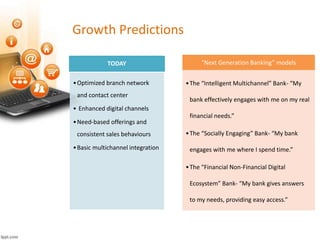 Growth Predictions 
TODAY 
•Optimized branch network 
and contact center 
• Enhanced digital channels 
•Need-based offerings and 
consistent sales behaviours 
•Basic multichannel integration 
“Next Generation Banking” models 
• The “Intelligent Multichannel” Bank- “My 
bank effectively engages with me on my real 
financial needs.” 
• The “Socially Engaging” Bank- “My bank 
engages with me where I spend time.” 
• The “Financial Non-Financial Digital 
Ecosystem” Bank- “My bank gives answers 
to my needs, providing easy access.” 
 