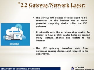 *2.2 Gateway/Network Layer:
• The various IOT devices of layer need to be
connected to the internet via a more
powerful computing device called the IOT
gateway
• It primarily acts like a networking device. So,
similar to how a Wi-Fi router helps us connect
many laptops, phones and tablets to the
internet
• The IOT gateway transfers data from
numerous sensing devices and relays it to the
upper layer.
 