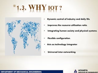 • Improves the resource utilization ratio.
• Integrating human society and physical systems.
• Flexible configuration.
• Acts as technology integrator
• Universal inter-networking
• Dynamic control of industry and daily life.
*1.3. WHY IOT ?
 