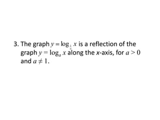 3. The graph y log x is a reflection of the
                    1
                    a
   graph y = loga x along the x-axis, for a > 0
   and a ≠ 1.
 