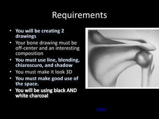 Requirements
• Your bone drawing must be
off-center and an interesting
composition
• You must make it look 3D
VIdeo
 