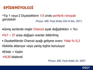 EPİDEMİYOLOJİ

•Tip 1 veya 2 Diyabetlilerin 1/3 ünde periferik nöropati
görülebilir
                         Pinzur, MS: Foot Ankle Clin N Am, 2011.


•Geniş serilerde majör Charcot ayak değişiklikleri < %1
•%7 – 37 arası değişen oranlar bildirilmiş
• Diyabetlilerde Charcot ayağı gelişme oranı: Yılda % 0,3
•Sıklıkla atlanıyor veya yanlış teşhis konuluyor
•Erkek = Kadın
•%30 bilateral
                                   Pinzur, MS: Foot Ankle Int, 2007.

                                                                ÖĞÜT
                                                                 ÖĞÜT
 