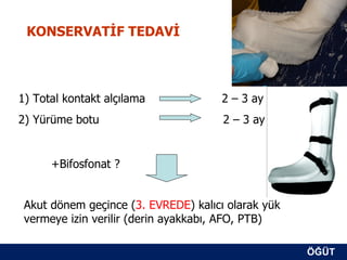 KONSERVATİF TEDAVİ



1) Total kontakt alçılama             2 – 3 ay
2) Yürüme botu                        2 – 3 ay


      +Bifosfonat ?


 Akut dönem geçince (3. EVREDE) kalıcı olarak yük
 vermeye izin verilir (derin ayakkabı, AFO, PTB)

                                                    ÖĞÜT
                                                     ÖĞÜT
 