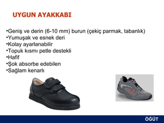 UYGUN AYAKKABI

•Geniş ve derin (6-10 mm) burun (çekiç parmak, tabanlık)
•Yumuşak ve esnek deri
•Kolay ayarlanabilir
•Topuk kısmı petle destekli
•Hafif
•Şok absorbe edebilen
•Sağlam kenarlı




                                                           ÖĞÜT
                                                            ÖĞÜT
 