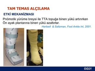 TAM TEMAS ALÇILAMA
ETKİ MEKANİZMASI
Pnömotik yürüme breysi ile TTA topuğa binen yükü artırırken
Ön ayak plantarına binen yükü azaltırlar.
                          Hartsell & Saltzman, Foot Ankle Int, 2001.




                                                             ÖĞÜT
                                                              ÖĞÜT
 