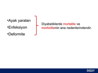 •Ayak yaraları
                 Diyabetiklerde mortalite ve
•Enfeksiyon      morbiditenin ana nedenlerindendir.
•Deformite




                                               ÖĞÜT
                                                ÖĞÜT
 