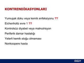 KONTRENDİKASYONLARI

Yumuşak doku veya kemik enfeksiyonu ??
Eichenholtz evre 1 ??
Kontrolsüz diyabet veya malnutrisyon
Periferik damar hastalığı
Yeterli kemik stoğu olmaması
Nonkoopere hasta




                                         ÖĞÜT
                                          ÖĞÜT
 