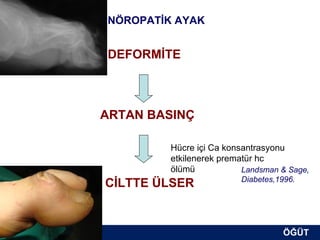 NÖROPATİK AYAK


DEFORMİTE



ARTAN BASINÇ

         Hücre içi Ca konsantrasyonu
         etkilenerek prematür hc
         ölümü            Landsman & Sage,
                         Diabetes,1996.
CİLTTE ÜLSER


                                   ÖĞÜT
                                    ÖĞÜT
 