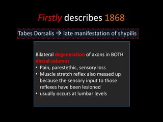 Firstly describes 1868
Tabes Dorsalis  late manifestation of shypilis
Bilateral degeneration of axons in BOTH
dorsal columns
• Pain, parestethic, sensory loss
• Muscle stretch reflex also messed up
because the sensory input to those
reflexes have been lesioned
• usually occurs at lumbar levels
 