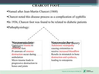 CHARCOT FOOT
Named after Jean-Martin Charcot (1868)
Charcot noted this disease process as a complication of syphillis
In 1936, Charcot foot was found to be related to diabetic patients
Pathophysiology:
Neurotraumatic
theory
Neurovascular theoryNeurotraumatic theory:
Unperceive trauma to
insensate foot.
Pt unaware of osseous
destruction occur during
ambulation
Micro trauma leads to
progressive destruction to
bones and joints
Neurovascular theory:
Autonomic neuropathy
causing extremities to
receive increased bloodflow
Results in mismatch in bone
destruction and synthesis,
leading to osteopenia
 