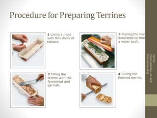 Procedure for Preparing Terrines
1 Lining a mold
with thin slices of
fatback.
2 Filling the
terrine with the
forcemeat and
garnish.
3 Placing the herb-
decorated terrine in
a water bath.
4 Slicing the
finished terrine.
ChefMichaelScott
LeadChefInstructorAESCA
Boulder
 