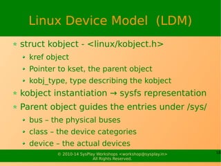 18© 2010-14 SysPlay Workshops <workshop@sysplay.in>
All Rights Reserved.
Linux Device Model (LDM)
struct kobject - <linux/kobject.h>
kref object
Pointer to kset, the parent object
kobj_type, type describing the kobject
kobject instantiation → sysfs representation
Parent object guides the entries under /sys/
bus – the physical buses
class – the device categories
device – the actual devices
 