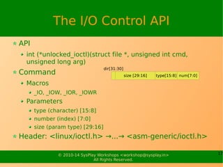 17© 2010-14 SysPlay Workshops <workshop@sysplay.in>
All Rights Reserved.
The I/O Control API
API
int (*unlocked_ioctl)(str...
