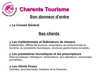 Charente Tourisme
                   Son donneur d'ordre

■ Le Conseil Général

                           Ses clients

■ Les institutionnels et fédérateurs de réseaux
Collectivités, offices de tourisme, associations de professionnels du
tourisme, de prestataires touristiques, structures gestionnaires de labels...

■ Les prestataires touristiques et les prescripteurs
Sites touristiques, hébergeurs, restaurateurs, tour-opérateurs, autocaristes,
journalistes...

■ Les clients finaux
Touristes, excursionnistes, habitants de la Charente...
 