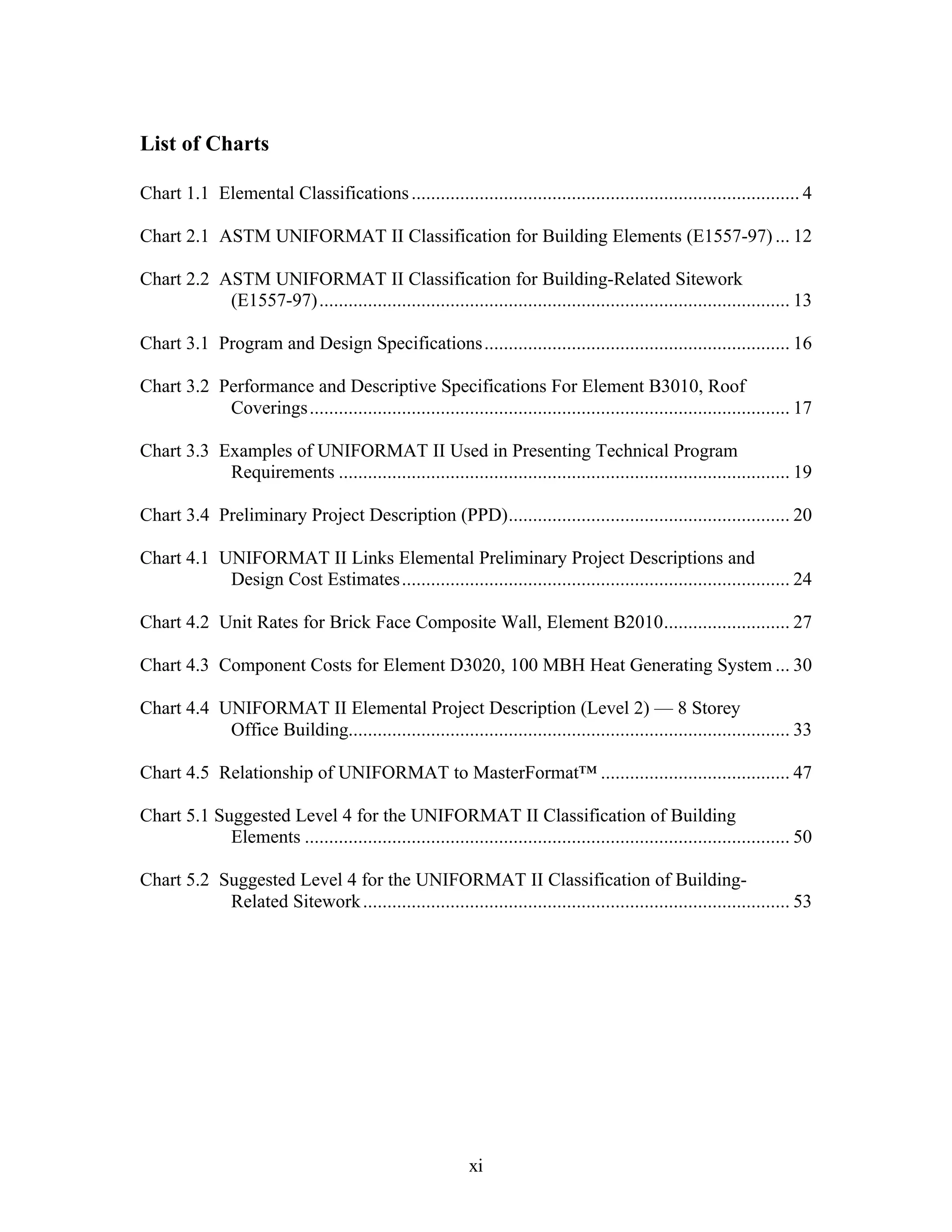 xi
List of Charts
Chart 1.1 Elemental Classifications................................................................................ 4
Chart 2.1 ASTM UNIFORMAT II Classification for Building Elements (E1557-97) ... 12
Chart 2.2 ASTM UNIFORMAT II Classification for Building-Related Sitework
(E1557-97)................................................................................................. 13
Chart 3.1 Program and Design Specifications............................................................... 16
Chart 3.2 Performance and Descriptive Specifications For Element B3010, Roof
Coverings................................................................................................... 17
Chart 3.3 Examples of UNIFORMAT II Used in Presenting Technical Program
Requirements ............................................................................................. 19
Chart 3.4 Preliminary Project Description (PPD).......................................................... 20
Chart 4.1 UNIFORMAT II Links Elemental Preliminary Project Descriptions and
Design Cost Estimates................................................................................ 24
Chart 4.2 Unit Rates for Brick Face Composite Wall, Element B2010.......................... 27
Chart 4.3 Component Costs for Element D3020, 100 MBH Heat Generating System ... 30
Chart 4.4 UNIFORMAT II Elemental Project Description (Level 2) — 8 Storey
Office Building........................................................................................... 33
Chart 4.5 Relationship of UNIFORMAT to MasterFormat™ ....................................... 47
Chart 5.1 Suggested Level 4 for the UNIFORMAT II Classification of Building
Elements .................................................................................................... 50
Chart 5.2 Suggested Level 4 for the UNIFORMAT II Classification of Building-
Related Sitework........................................................................................ 53
 