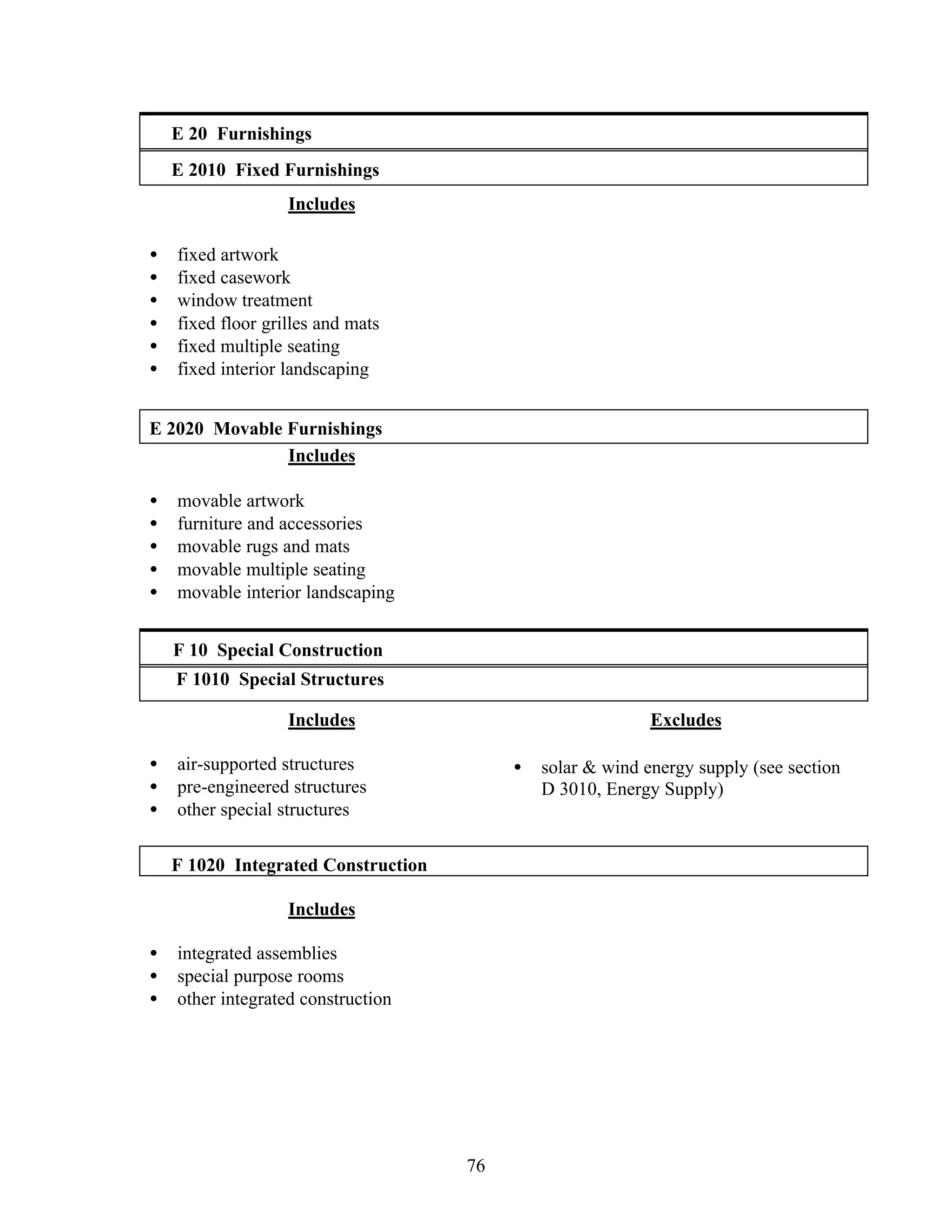 76
E 20 Furnishings
E 2010 Fixed Furnishings
Includes
• fixed artwork
• fixed casework
• window treatment
• fixed floor grilles and mats
• fixed multiple seating
• fixed interior landscaping
E 2020 Movable Furnishings
Includes
• movable artwork
• furniture and accessories
• movable rugs and mats
• movable multiple seating
• movable interior landscaping
F 10 Special Construction
F 1010 Special Structures
Includes
• air-supported structures
• pre-engineered structures
• other special structures
Excludes
• solar & wind energy supply (see section
D 3010, Energy Supply)
F 1020 Integrated Construction
Includes
• integrated assemblies
• special purpose rooms
• other integrated construction
 