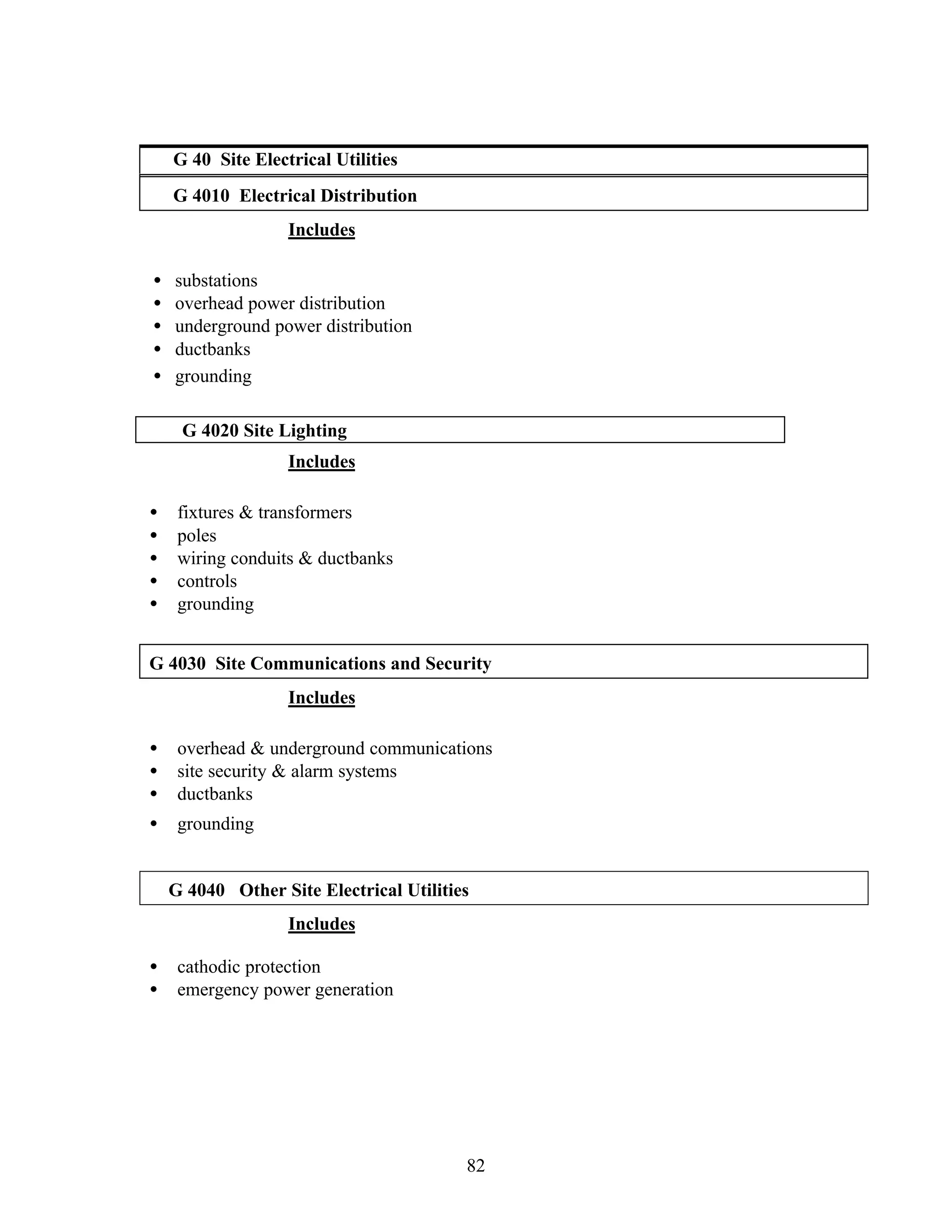 82
G 40 Site Electrical Utilities
G 4010 Electrical Distribution
Includes
• substations
• overhead power distribution
• underground power distribution
• ductbanks
• grounding
G 4020 Site Lighting
Includes
• fixtures & transformers
• poles
• wiring conduits & ductbanks
• controls
• grounding
G 4030 Site Communications and Security
Includes
• overhead & underground communications
• site security & alarm systems
• ductbanks
• grounding
G 4040 Other Site Electrical Utilities
Includes
• cathodic protection
• emergency power generation
 