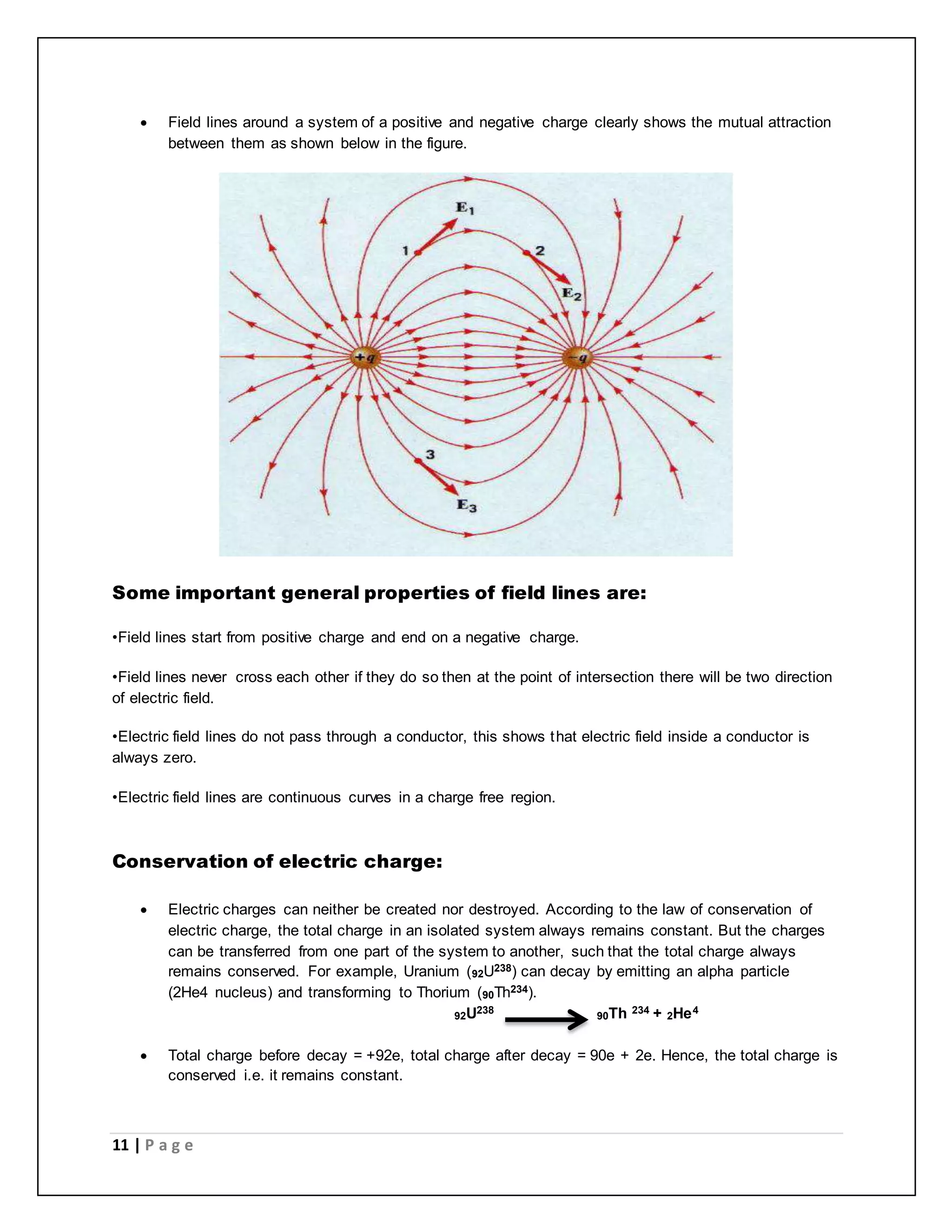  Field lines around a system of a positive and negative charge clearly shows the mutual attraction 
between them as shown below in the figure. 
Some important general properties of field lines are: 
•Field lines start from positive charge and end on a negative charge. 
•Field lines never cross each other if they do so then at the point of intersection there will be two direction 
of electric field. 
•Electric field lines do not pass through a conductor, this shows that electric field inside a conductor is 
always zero. 
•Electric field lines are continuous curves in a charge free region. 
Conservation of electric charge: 
 Electric charges can neither be created nor destroyed. According to the law of conservation of 
electric charge, the total charge in an isolated system always remains constant. But the charges 
can be transferred from one part of the system to another, such that the total charge always 
remains conserved. For example, Uranium (92U238) can decay by emitting an alpha particle 
(2He4 nucleus) and transforming to Thorium (90Th234). 
11 | P a g e 
92U238 90Th 234 + 2He4 
 Total charge before decay = +92e, total charge after decay = 90e + 2e. Hence, the total charge is 
conserved i.e. it remains constant. 
 