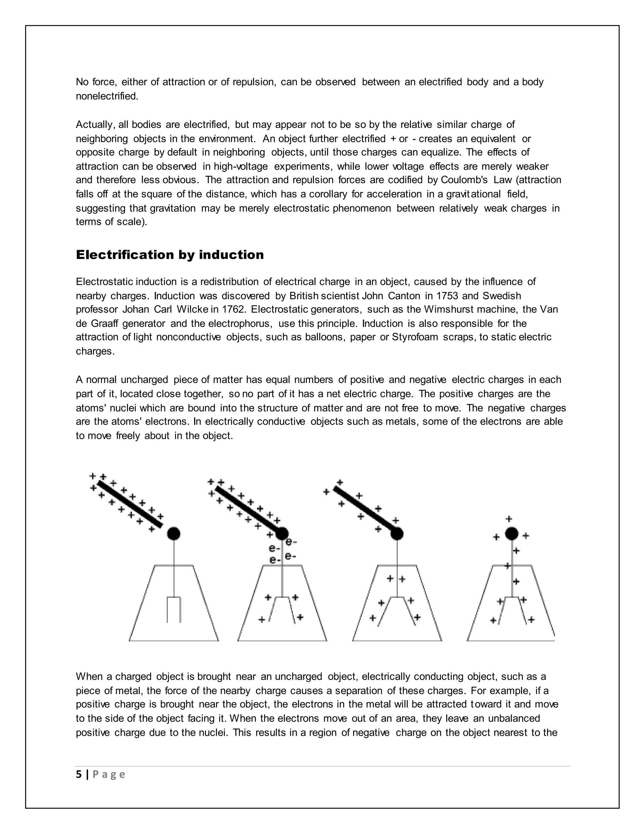 No force, either of attraction or of repulsion, can be observed between an electrified body and a body 
nonelectrified. 
Actually, all bodies are electrified, but may appear not to be so by the relative similar charge of 
neighboring objects in the environment. An object further electrified + or - creates an equivalent or 
opposite charge by default in neighboring objects, until those charges can equalize. The effects of 
attraction can be observed in high-voltage experiments, while lower voltage effects are merely weaker 
and therefore less obvious. The attraction and repulsion forces are codified by Coulomb's Law (attraction 
falls off at the square of the distance, which has a corollary for acceleration in a gravitational field, 
suggesting that gravitation may be merely electrostatic phenomenon between relatively weak charges in 
terms of scale). 
Electrification by induction 
Electrostatic induction is a redistribution of electrical charge in an object, caused by the influence of 
nearby charges. Induction was discovered by British scientist John Canton in 1753 and Swedish 
professor Johan Carl Wilcke in 1762. Electrostatic generators, such as the Wimshurst machine, the Van 
de Graaff generator and the electrophorus, use this principle. Induction is also responsible for the 
attraction of light nonconductive objects, such as balloons, paper or Styrofoam scraps, to static electric 
charges. 
A normal uncharged piece of matter has equal numbers of positive and negative electric charges in each 
part of it, located close together, so no part of it has a net electric charge. The positive charges are the 
atoms' nuclei which are bound into the structure of matter and are not free to move. The negative charges 
are the atoms' electrons. In electrically conductive objects such as metals, some of the electrons are able 
to move freely about in the object. 
When a charged object is brought near an uncharged object, electrically conducting object, such as a 
piece of metal, the force of the nearby charge causes a separation of these charges. For example, if a 
positive charge is brought near the object, the electrons in the metal will be attracted toward it and move 
to the side of the object facing it. When the electrons move out of an area, they leave an unbalanced 
positive charge due to the nuclei. This results in a region of negative charge on the object nearest to the 
5 | P a g e 
 