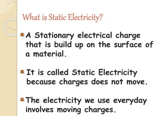 What is Static Electricity?
A Stationary electrical charge
that is build up on the surface of
a material.
It is called Static Electricity
because charges does not move.
The electricity we use everyday
involves moving charges.
 