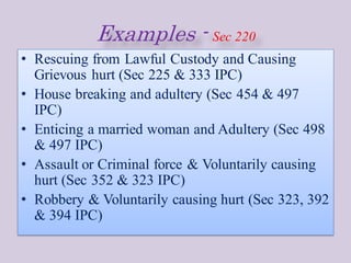 Examples - Sec 220
• Rescuing from Lawful Custody and Causing
Grievous hurt (Sec 225 & 333 IPC)
• House breaking and adultery (Sec 454 & 497
IPC)
• Enticing a married woman and Adultery (Sec 498
& 497 IPC)
• Assault or Criminal force & Voluntarily causing
hurt (Sec 352 & 323 IPC)
• Robbery & Voluntarily causing hurt (Sec 323, 392
& 394 IPC)
 