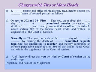 Charges with Two or More Heads
a) I, ……… (name and office of Magistrate, etc.), hereby charge you
……… (name of accused person) as follows
b) On section 302 and 304 First — That you, on or about the ………
day of ………, at ……… committed murder by causing the
death of ……… and thereby committed an offence punishable
under section 302 of the Indian Penal Code, and within the
cognizance of the Court of Session.
Secondly — That you, on or about the ……… day of ………, at
………, by causing the death of ……… committed culpable
homicide not amounting to murder, and thereby committed an
offence punishable under section 304 of the Indian Penal Code,
and within the cognizance of the Court of session.
c) And I hereby direct that you be tried by Court of session on the
said charge.
(Signature and Seal of the Magistrate)
 